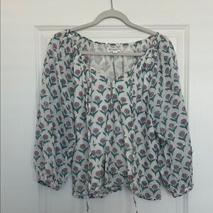 Emerson Fry White Blouse with Pink Floral and Green Leaf Print